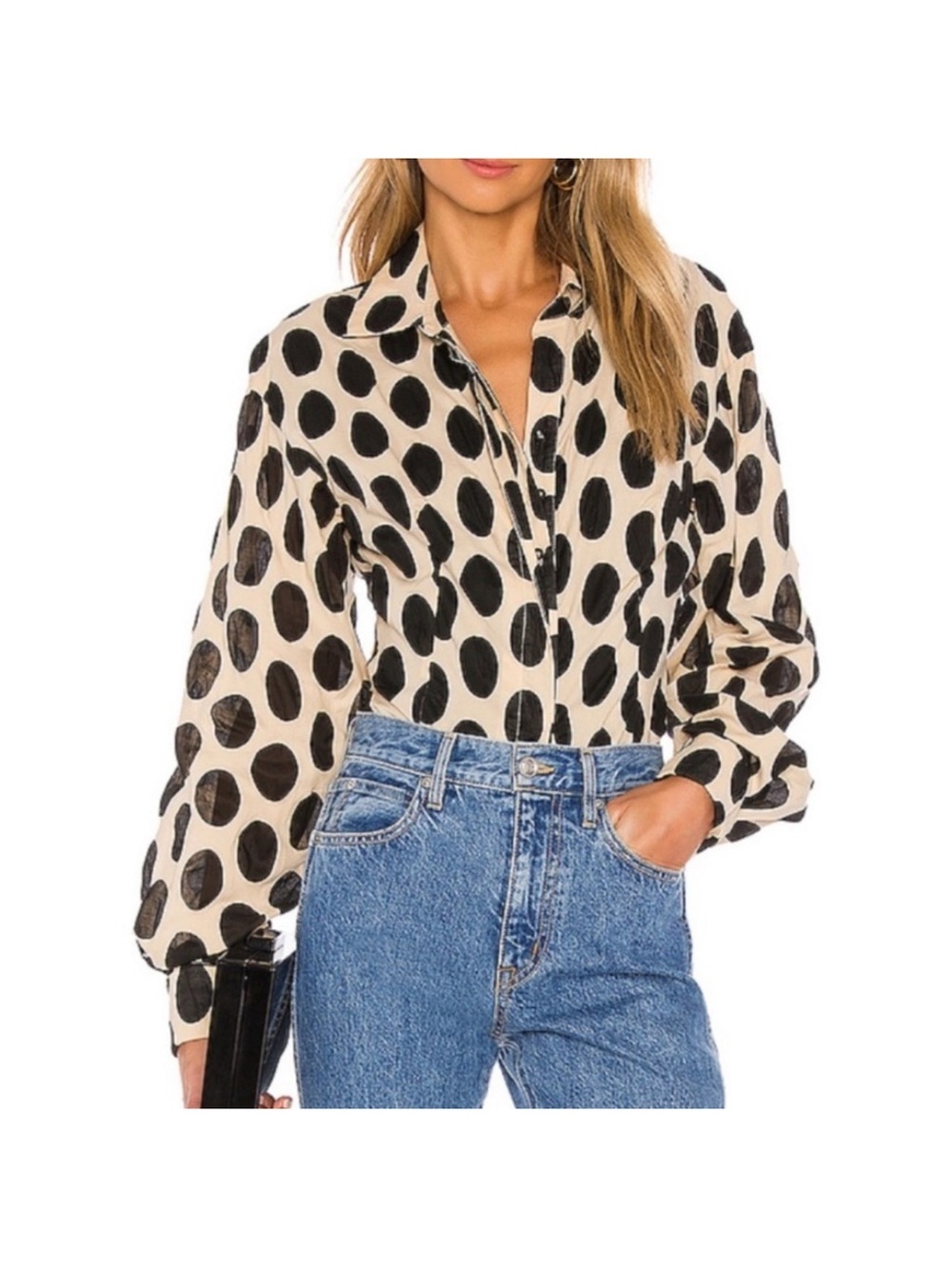 Revolve LPA top 685 in Beige & black polka dot button down puff sleeve size XS